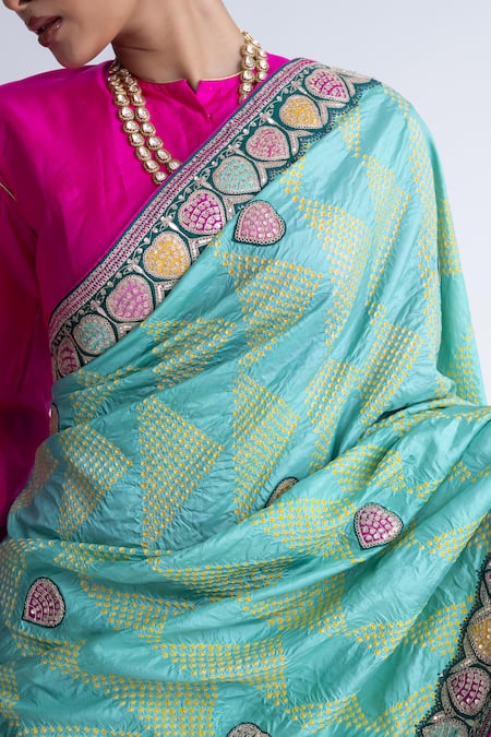 Shop_Naina Jain_Green Silk Embroidery Bandhani Saree With Unstitched Blouse Fabric _Online_at_Aza_Fashions