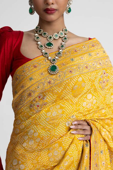 Naina Jain_Yellow Georgette Banarasi Bandhani Saree With Unstitched Blouse Fabric _Online_at_Aza_Fashions