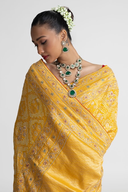 Shop_Naina Jain_Yellow Georgette Banarasi Bandhani Saree With Unstitched Blouse Fabric _Online_at_Aza_Fashions