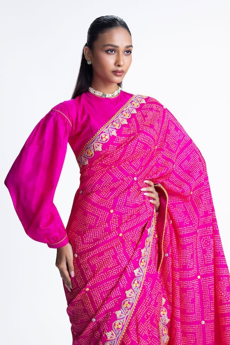 Buy_Naina Jain_Pink Silk Embroidery Bandhani Saree With Unstitched Blouse Fabric _Online_at_Aza_Fashions