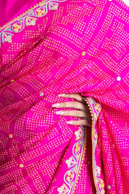 Shop_Naina Jain_Pink Silk Embroidery Bandhani Saree With Unstitched Blouse Fabric _Online_at_Aza_Fashions