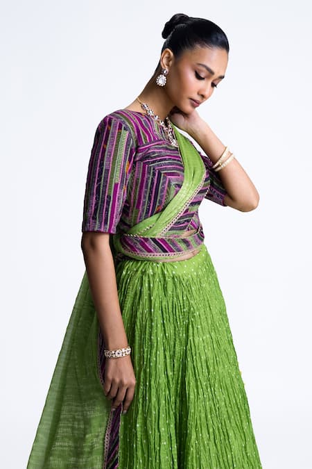 Buy_Naina Jain_Green Georgette, Silk Gota Patti Round Neck Bandhani Crushed Lehenga Set _Online_at_Aza_Fashions