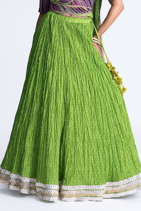 Shop_Naina Jain_Green Georgette, Silk Gota Patti Round Neck Bandhani Crushed Lehenga Set _Online_at_Aza_Fashions
