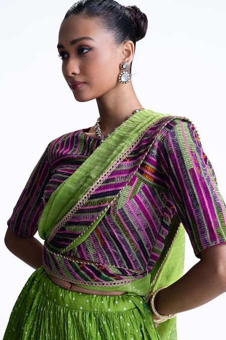 Naina Jain_Green Georgette, Silk Gota Patti Round Neck Bandhani Crushed Lehenga Set _at_Aza_Fashions