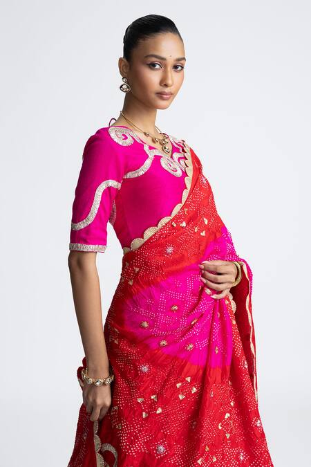 Naina Jain_Red Silk Gota Patti Round Neck Rani Bandhani Lehenga Set _Online_at_Aza_Fashions