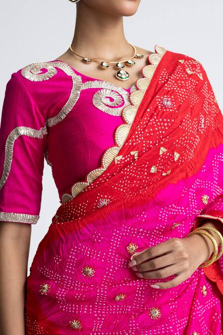 Shop_Naina Jain_Red Silk Gota Patti Round Neck Rani Bandhani Lehenga Set _Online_at_Aza_Fashions