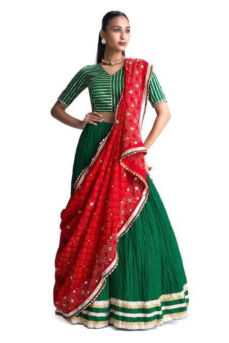 Shop_Naina Jain_Green Silk Gota Patti V-neck Crushed Lehenga Set _Online_at_Aza_Fashions