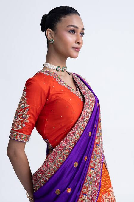 Naina Jain Orange , Organza Zari, Embroidery V-neck Lotus Bandhani Lehenga Set Online at Aza Fashions Naina Jain_Orange , Organza Zari, Embroidery V-neck Lotus Bandhani Lehenga Set _Online_at_Aza_Fashions