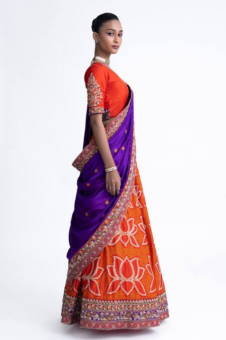 Buy Naina Jain Orange , Organza Zari, Embroidery V-neck Lotus Bandhani Lehenga Set Online at Aza Fashions Buy_Naina Jain_Orange , Organza Zari, Embroidery V-neck Lotus Bandhani Lehenga Set _Online_at_Aza_Fashions