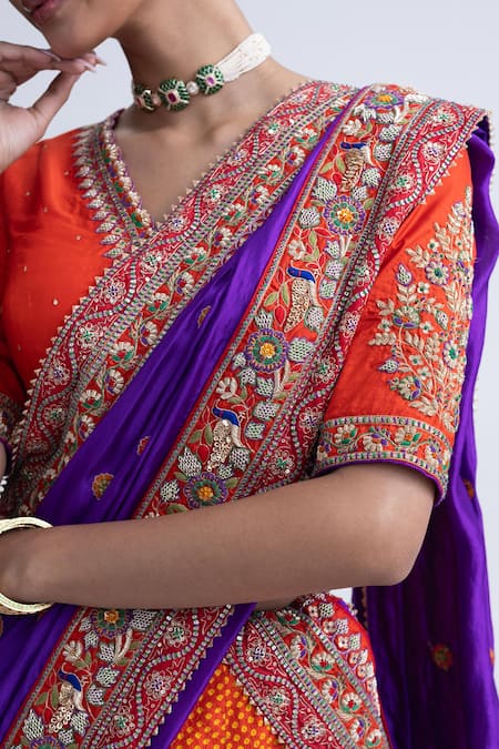 Shop Naina Jain Orange , Organza Zari, Embroidery V-neck Lotus Bandhani Lehenga Set Online at Aza Fashions Shop_Naina Jain_Orange , Organza Zari, Embroidery V-neck Lotus Bandhani Lehenga Set _Online_at_Aza_Fashions