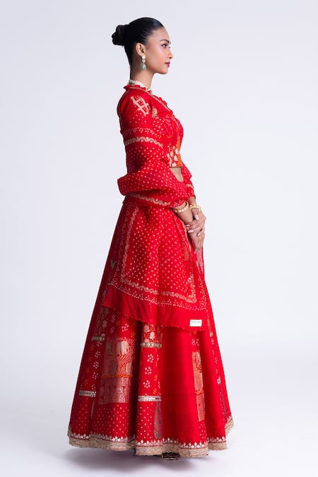 Naina Jain_Red Silk, Organza Embroidery, Patchwork, Gota Patti V-neck Lehenga Set _Online_at_Aza_Fashions