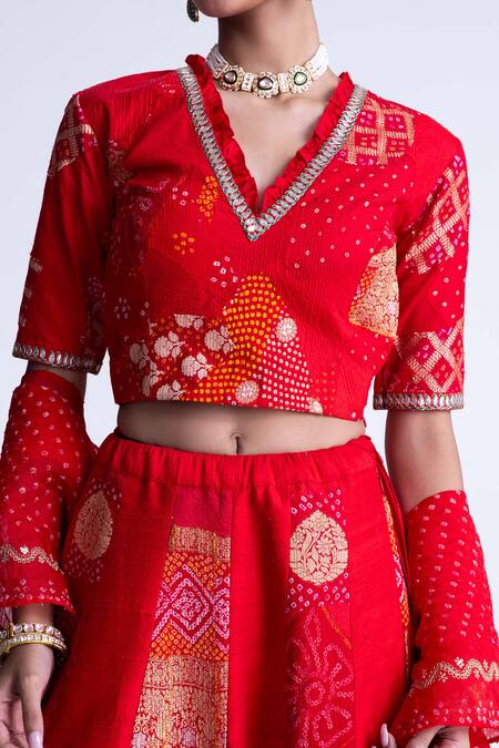 Buy_Naina Jain_Red Silk, Organza Embroidery, Patchwork, Gota Patti V-neck Lehenga Set _Online_at_Aza_Fashions