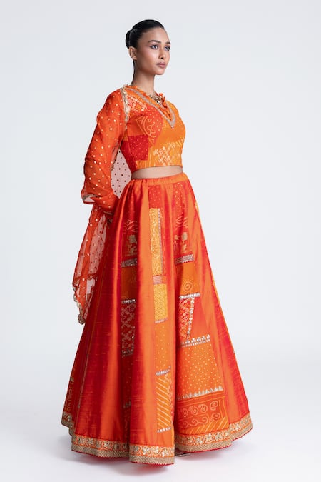 Naina Jain_Orange Silk, Organza Embroidery, Gota Patti, Zari V-neck Patchwork Lehenga Set _Online_at_Aza_Fashions