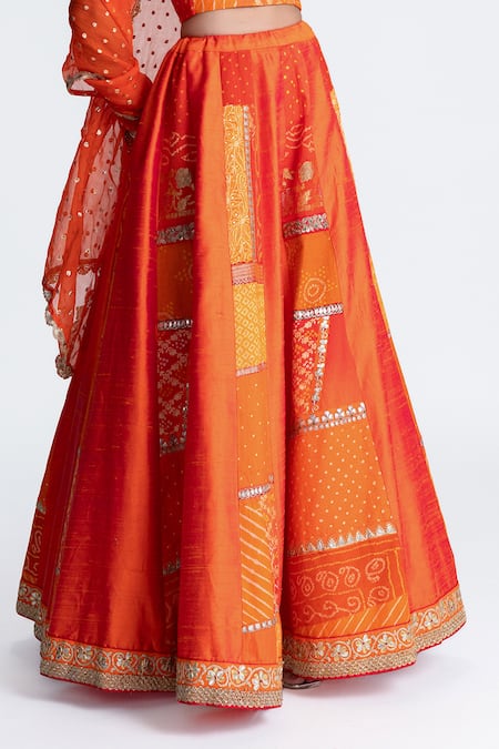 Buy_Naina Jain_Orange Silk, Organza Embroidery, Gota Patti, Zari V-neck Patchwork Lehenga Set _Online_at_Aza_Fashions