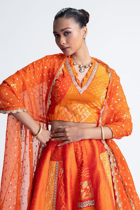 Shop_Naina Jain_Orange Silk, Organza Embroidery, Gota Patti, Zari V-neck Patchwork Lehenga Set _Online_at_Aza_Fashions