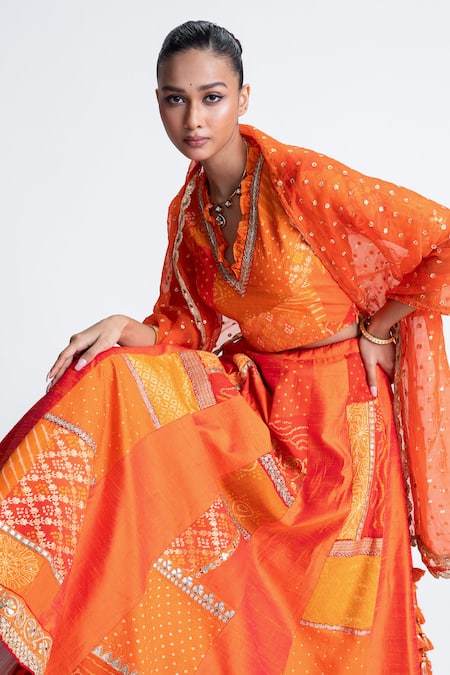 Naina Jain_Orange Silk, Organza Embroidery, Gota Patti, Zari V-neck Patchwork Lehenga Set _at_Aza_Fashions
