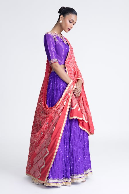 Naina Jain_Purple Silk, Tissue Gota Patti, Pearls Notched Crushed Bandhani Lehenga Set _Online_at_Aza_Fashions