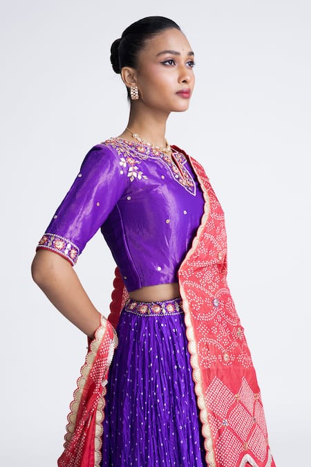 Buy_Naina Jain_Purple Silk, Tissue Gota Patti, Pearls Notched Crushed Bandhani Lehenga Set _Online_at_Aza_Fashions
