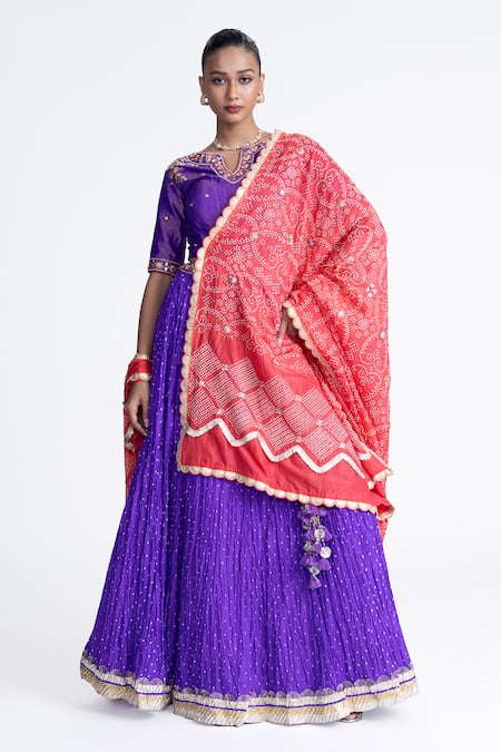 Naina Jain Purple Crushed Bandhani Silk Lehenga Set