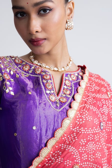 Shop_Naina Jain_Purple Silk, Tissue Gota Patti, Pearls Notched Crushed Bandhani Lehenga Set _Online_at_Aza_Fashions