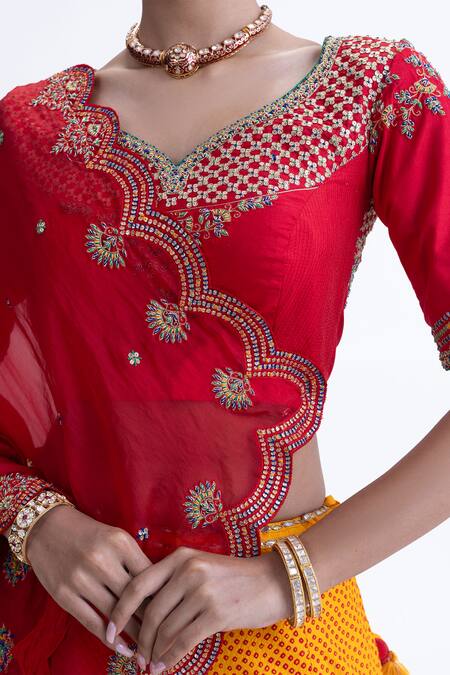 Buy_Naina Jain_Yellow Silk, Organza Zari, Embroidery Round Neck Ekam And Red Lehenga Set _Online_at_Aza_Fashions