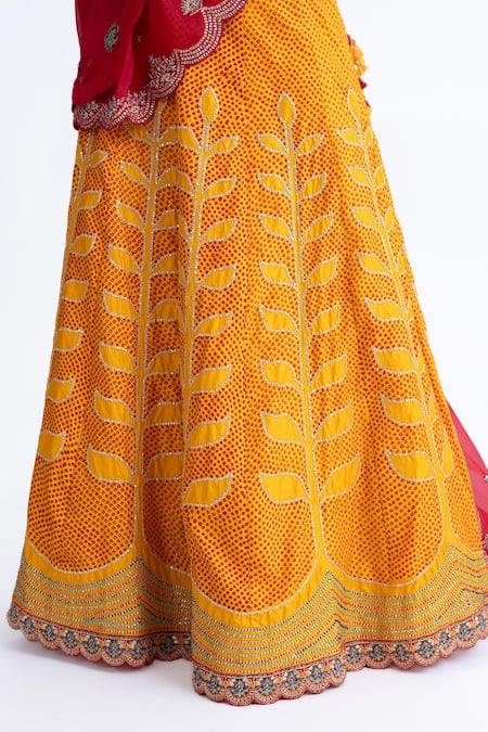 Shop_Naina Jain_Yellow Silk, Organza Zari, Embroidery Round Neck Ekam And Red Lehenga Set _Online_at_Aza_Fashions