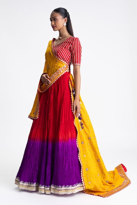 Buy_Naina Jain_Red Silk Gota Patti Round Neck And Purple Crushed Lehenga Set _Online_at_Aza_Fashions
