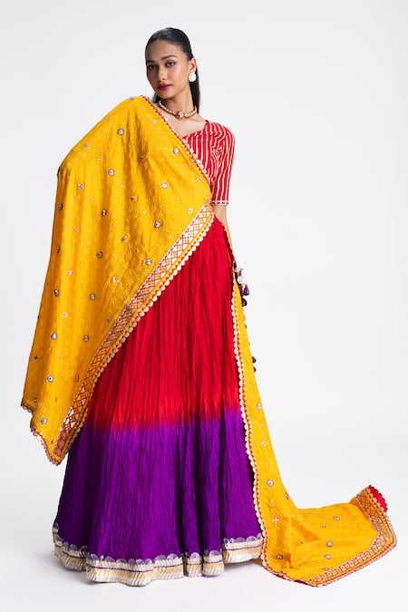 Shop_Naina Jain_Red Silk Gota Patti Round Neck And Purple Crushed Lehenga Set _Online_at_Aza_Fashions