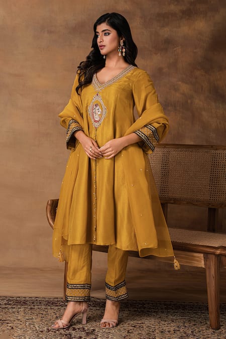 Shop_ISHA GUPTA TAYAL_Gold Silk, Organza Embroidery Round Neck Yellow Kurta Set _Online_at_Aza_Fashions