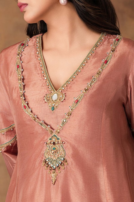 ISHA GUPTA TAYAL_Pink Silk, Organza Beads V-neck Mocha Embroidered Kurta Set _Online_at_Aza_Fashions