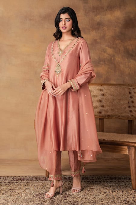 Shop_ISHA GUPTA TAYAL_Pink Silk, Organza Beads V-neck Mocha Embroidered Kurta Set _Online_at_Aza_Fashions