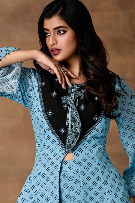 Buy_ISHA GUPTA TAYAL_Blue Crepe Embroidery Round Neck Powder Peplum Top And Pant Set _Online_at_Aza_Fashions