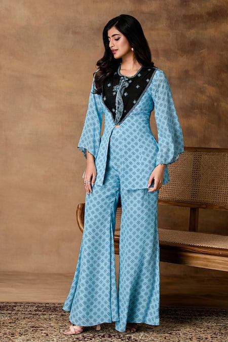 Shop_ISHA GUPTA TAYAL_Blue Crepe Embroidery Round Neck Powder Peplum Top And Pant Set _Online_at_Aza_Fashions