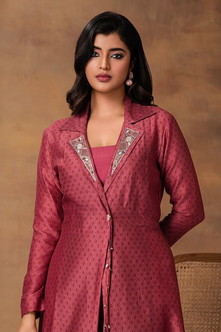 ISHA GUPTA TAYAL_Pink Chanderi Collared, Round Neck Printed Jacket Kurta Set _Online_at_Aza_Fashions