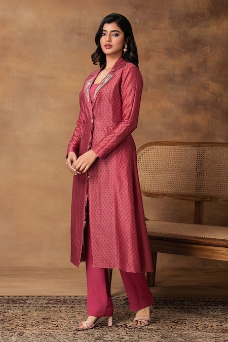 Buy_ISHA GUPTA TAYAL_Pink Chanderi Collared, Round Neck Printed Jacket Kurta Set _Online_at_Aza_Fashions