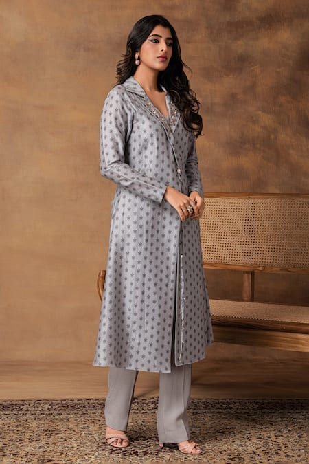 Buy_ISHA GUPTA TAYAL_Gray Chanderi Notched , Round Printed Jacket Kurta Set _Online_at_Aza_Fashions
