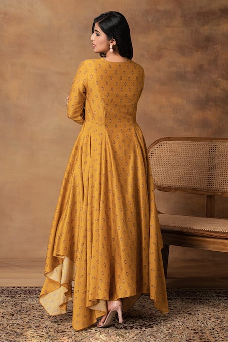 ISHA GUPTA TAYAL Mustard Gold Printed Asymmetric Anarkali & Pant Set 