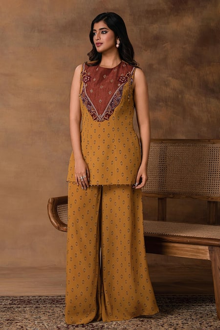 Isha Gupta Tayal Mustard Gold Peplum Top & Pant Set
