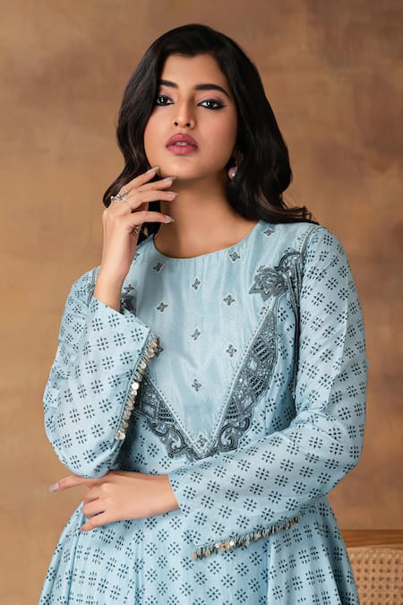 ISHA GUPTA TAYAL_Blue Chanderi Embroidery Round Neck Powder Printed Anarkali And Pant Set _Online_at_Aza_Fashions