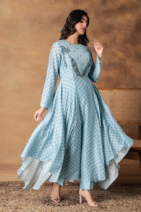 Isha Gupta Tayal Powder Blue Printed Anarkali & Pant Set