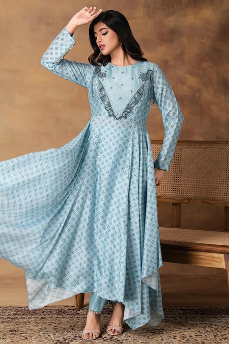 Buy_ISHA GUPTA TAYAL_Blue Chanderi Embroidery Round Neck Powder Printed Anarkali And Pant Set _Online_at_Aza_Fashions