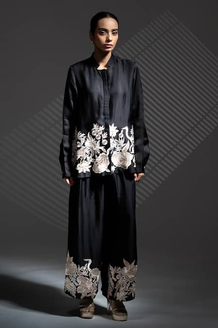 Ellemora Fashions Black Thread Work Shirt & Pant Co-ord Set 
