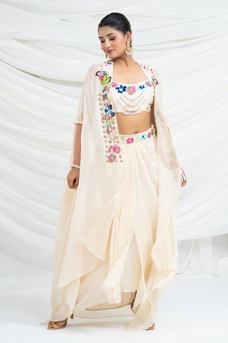 Buy Ellemora Fashions Off White Viscose Georgette Embroidery, Beads, Tassels, Sequins Shrug Skirt Set Online at Aza Fashions Buy_Ellemora Fashions_Off White Viscose Georgette Embroidery, Beads, Tassels, Sequins Shrug Skirt Set _Online_at_Aza_Fashions