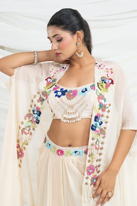 Buy Ellemora Fashions Off White Viscose Georgette Embroidery, Beads, Tassels, Sequins Shrug Skirt Set Buy_Ellemora Fashions_Off White Viscose Georgette Embroidery, Beads, Tassels, Sequins Shrug Skirt Set
