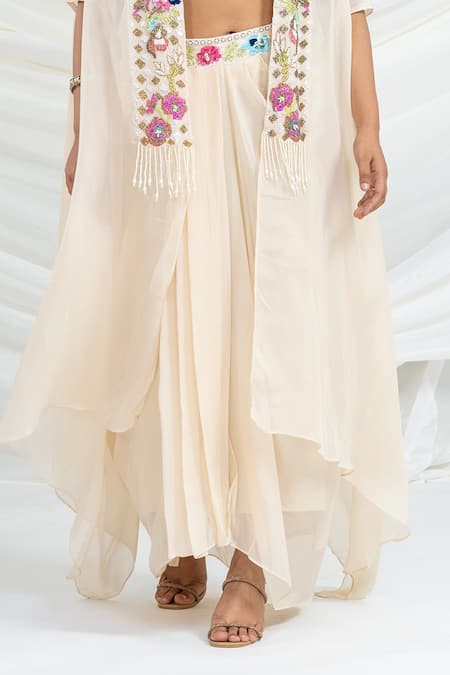 Shop Ellemora Fashions Off White Viscose Georgette Embroidery, Beads, Tassels, Sequins Shrug Skirt Set Shop_Ellemora Fashions_Off White Viscose Georgette Embroidery, Beads, Tassels, Sequins Shrug Skirt Set