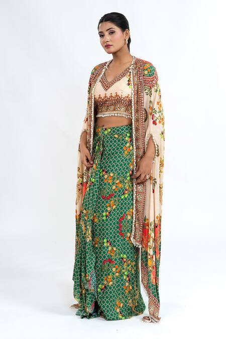 Ellemora Fashions_Cream Rayon, Cotton Embroidery, Beads, Mirrors V-neck, Printed Shrug Skirt Set_Online_at_Aza_Fashions