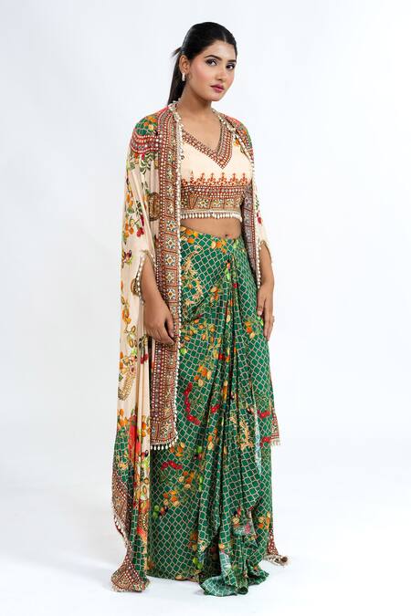 Buy_Ellemora Fashions_Cream Rayon, Cotton Embroidery, Beads, Mirrors V-neck, Printed Shrug Skirt Set_Online_at_Aza_Fashions