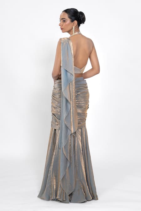 Ellemora Fashions Foil Print Pre-Draped Skirt Saree Set 