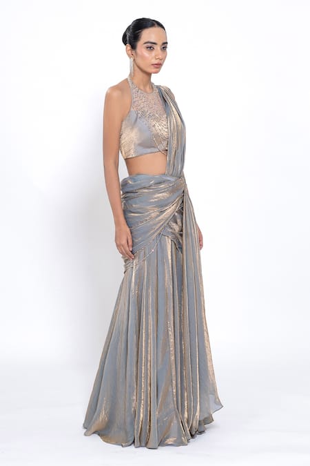 Buy_Ellemora Fashions_Gold Foil Printing, Beads, Metallic Thread Halter Pre-draped Skirt Saree Set _Online_at_Aza_Fashions