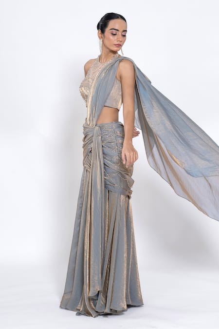 Shop_Ellemora Fashions_Gold Foil Printing, Beads, Metallic Thread Halter Pre-draped Skirt Saree Set _Online_at_Aza_Fashions